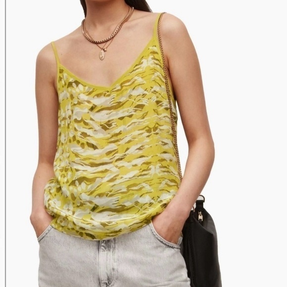 AllSaints Hi Low Skirt & Top Set 8 SIvina Oniyuri Camo Print 2pc yellow green - Picture 2 of 9